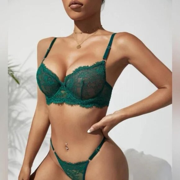 Sexy Floral Lace Lingerie Set Green M 🎁 with gift box - Picture 7 of 9